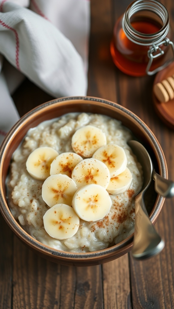 A bowl of oatmeal topped with banana slices and cinnamon on a wooden table with a spoon and honey jar.